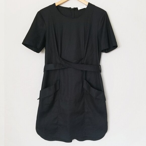 A.L.C. Linen Blend Twist Belted Mini Shift Dress 8 Short Sleeve Black Pocket LBD - Picture 2 of 15